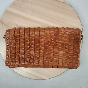 Akira Black Label Tan Leather Ruffled Clutch Purse w/Strap Small